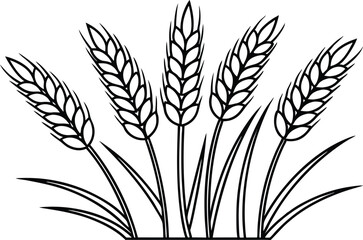 Black Outlined Wheat Stalks and Grass Isolated on White Background