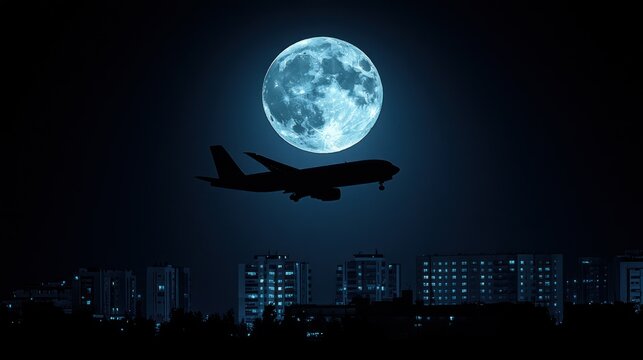 Silhouette of airplane over city at night under a full moon