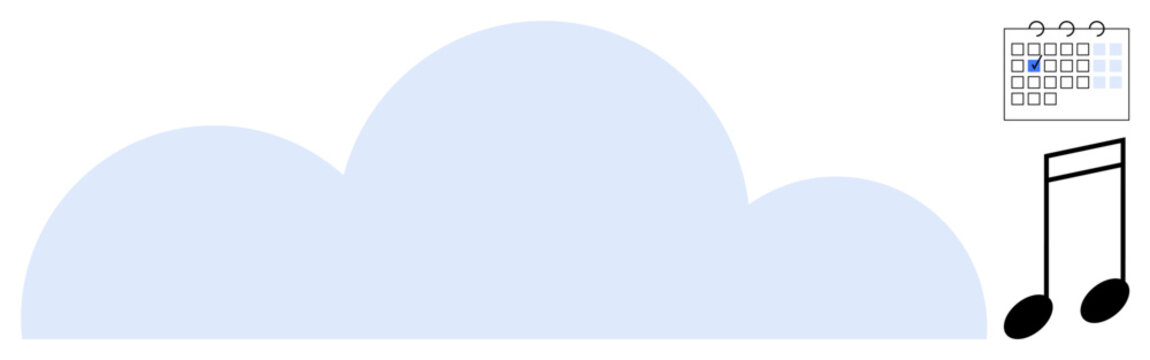 Blue cloud with calendar and musical notes symbolizing cloud storage, music streaming, planning, and scheduling. Ideal for technology, organization, streaming, productivity, entertainment time