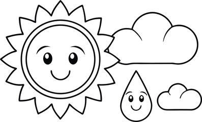 Smiling Sun, Cloud and Water Drop Line Art with Faces Cartoon Weather Elements