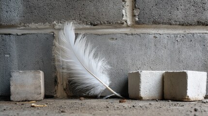 White feather rests gently near grey cinder blocks against a textured wall A serene and minimalist image