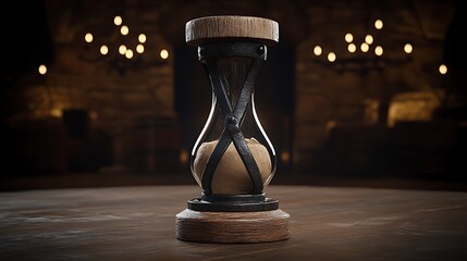 Hourglass on wooden table, dark background