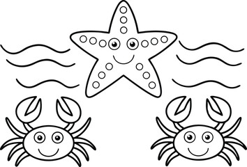 Smiling Starfish with Waves and Two Smiling Crabs Outline on Transparent Background