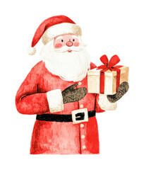 Jolly caucasian santa claus holding gift in red suit, cut out - stock png.