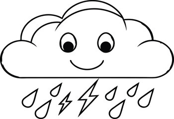 Outline of Weather Cloud with Raindrops and Lightning Bolts with Transparent Background
