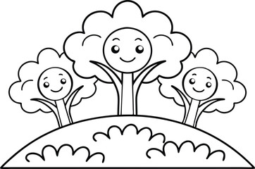 Cartoon Flowers on Hill with Smiling Faces Black Outline for Coloring Book Page