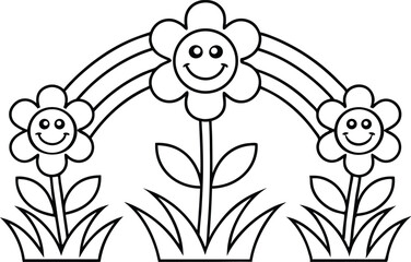 Three Outline Flowers with Smiling Faces Connected by Rainbow Line art