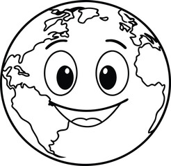 Smiling World Outline Globe Map Cartoon Character Icon Contour Line Art