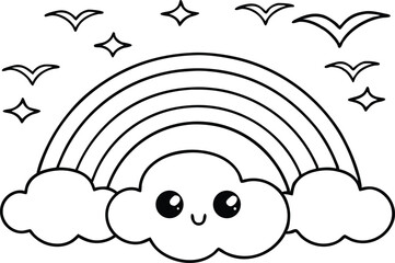 Rainbow With Clouds and Birds Outline on White. Isolated Cartoon Sky Elements
