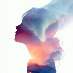 A composite portrait of a woman, overlaid with celestial and atmospheric elements.