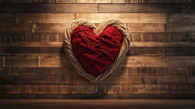 Heart of yarn on wooden wall; romantic image for Valentine's Day