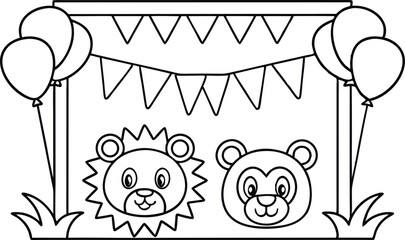 with Lion & Bear Outlines, Balloons and Bunting, Coloring Page Design