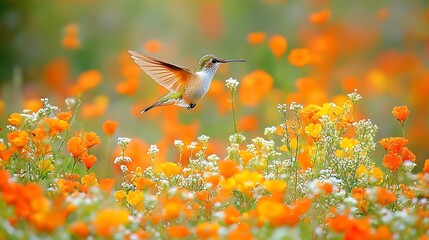Obraz premium Hummingbird hovering over vibrant orange flowers