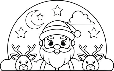 Santa Claus with Reindeer Under Crescent Moon, Stars, and Clouds Outline Icon