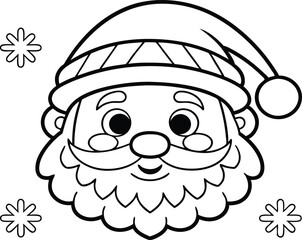 Line Art Santa Claus Face with Hat, Beard and Snowflakes on Transparent Background