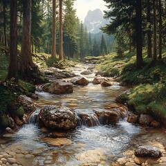 Scenic Forest Stream Winding Through Sunlit Trees Landscape Picture