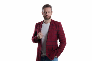 Stylish man in business jacket isolated on white. Man in business menswear. Mature man wear fashion...