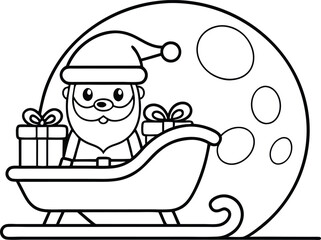 Cartoon Santa Claus Character in Sleigh with Gifts and Moon on Transparent Background