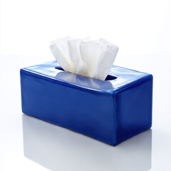 A blue rectangular tissue box sits on isoleted white background 