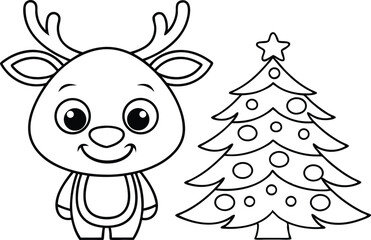 Outlined Cartoon Reindeer with Christmas Tree, Star and Baubles, Festive Holiday Art
