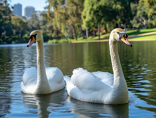 Swans on park pond, sunny day