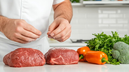 Chef seasoning thick beef cuts with fresh vegetables for culinary preparation