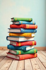 Colorful stack of books with hand-drawn illustrations on the floor , colorful, drawing, books