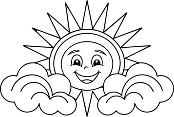 Smiling Sun Cartoon Surrounded by Clouds with Rays Isolated on Transparent