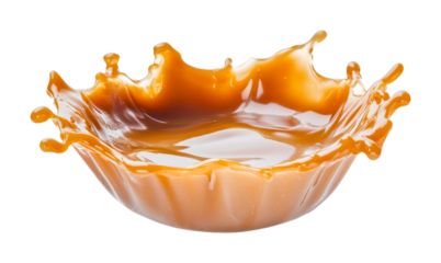 Caramel splash creating a dynamic circular bowl shape in motion, cut out - stock png.