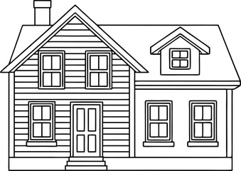 Line art of two storied house with chimney and door, window transparent
