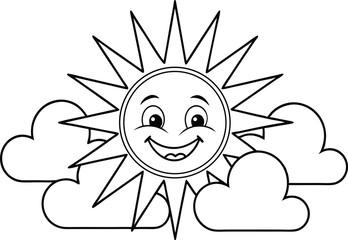 Smiling Sun and Clouds Cartoon with Black Outline on White Background for Coloring
