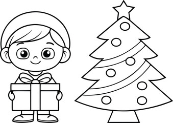 Outline Cartoon Asian Boy Holding Gift Box beside Decorated Christmas Tree