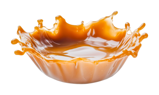 Caramel splash creating a dynamic circular bowl shape in motion, cut out - stock png.