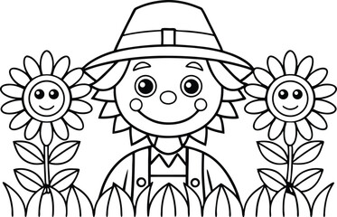 Outline Scarecrow with Hat, Overalls and Sunflowers Cartoon on White Background