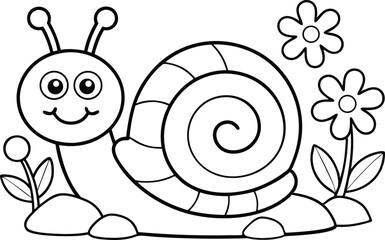 Outline Drawing of Smiling Snail with Shell and Flowers Isolated on White