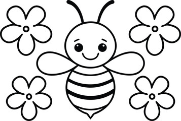 Line art cartoon bee with smile and round eyes surrounded by flower shapes on white