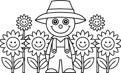 Line art of Smiling Scarecrow wearing overalls with Sunflowers on Transparent Background