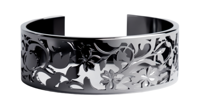 Elegant, ornate cuff bracelet with intricate floral design