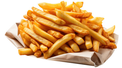 Crispy French fries in paper container, isolated on transparent background. PNG