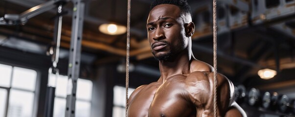 Muscular man engaging in fitness workouts with training ropes