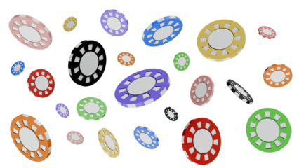 Colored casino chips on a transparent background. Fichas de casino de colores sobre fondo transparente. 3D render