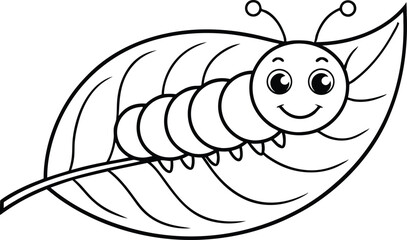 Caterpillar on Leaf Smiling Line Art Illustration, Smiling Bug, Crawling Worm, Cute