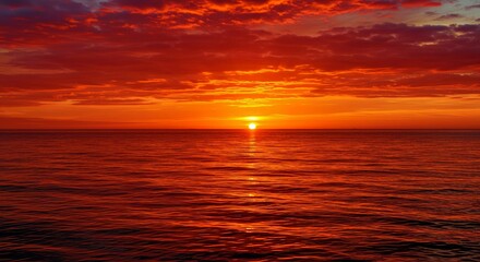 Obraz premium Serene Ocean Sunset Scene with Shimmering Water Reflections and Gold Crimson Glowing Clouds Seascape