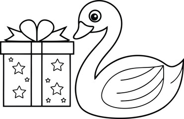 Outline Swan and Present Gift with Ribbon and Stars Design Element on White