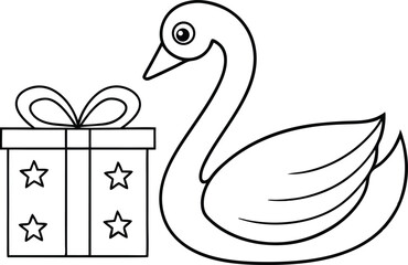 Line Drawing of Swan and Gift Box with Stars on White Background Decoration