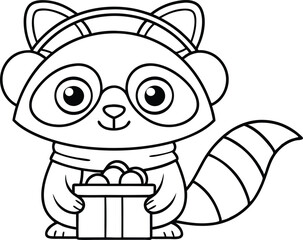 Raccoon with Headband Holding Gift Box, Black Outlines on Transparent Background