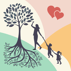 Silhouette of parent and child walking, stylized tree with deep roots