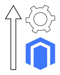 Black arrow pointing upward, gear symbol, and blue hexagonal shape conveying growth, progress, and development. Ideal for business, strategy, technology, innovation success planning simple landing