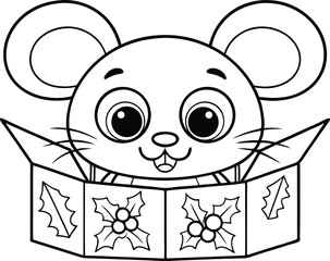 Outlined mouse in gift box with berry and leaf designs, coloring page