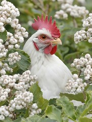 White Rooster Among White Flowers
